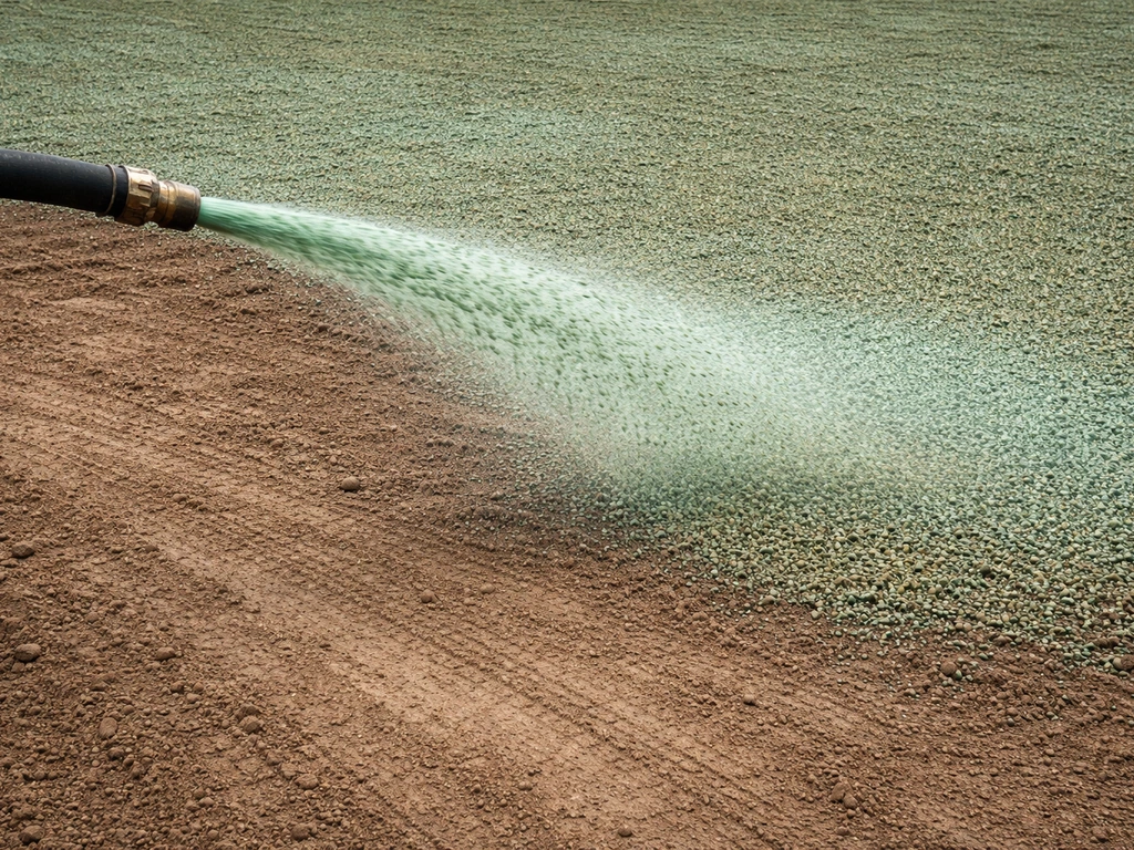 Projection d’un mélange d’hydroseeding sur un sol préparé, jet visible et couverture uniforme.