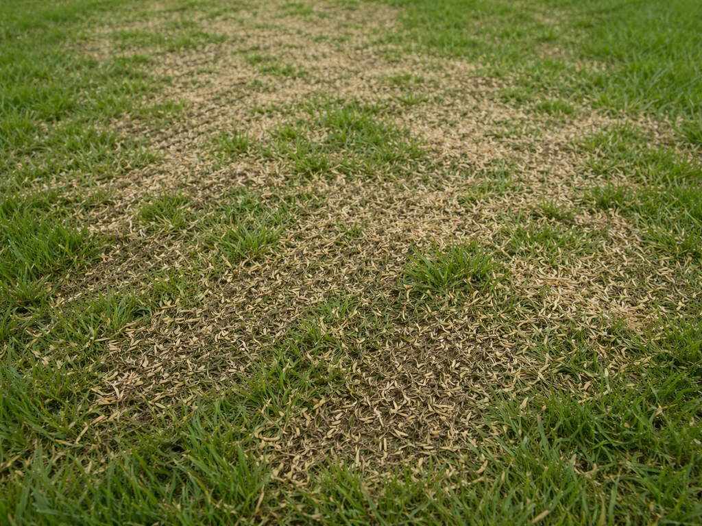 Graines visibles à la surface d’une pelouse existante, léger griffage et paillage fin pour un sursemis.