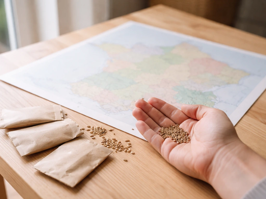 Vue photo d’une table avec graines et sachets, carte muette de la France en arrière-plan, saisons de semis