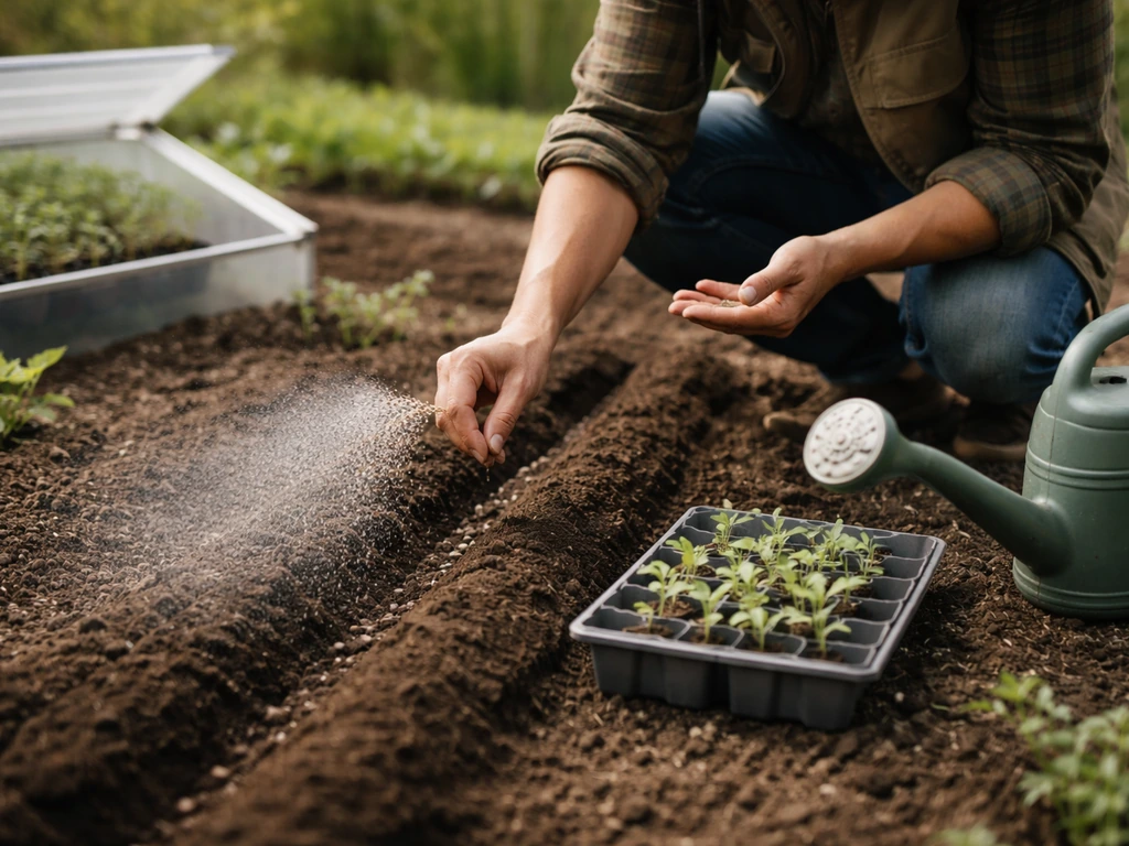 Semis au printemps dans un potager : terre réchauffée, grille de semis et arrosage léger.