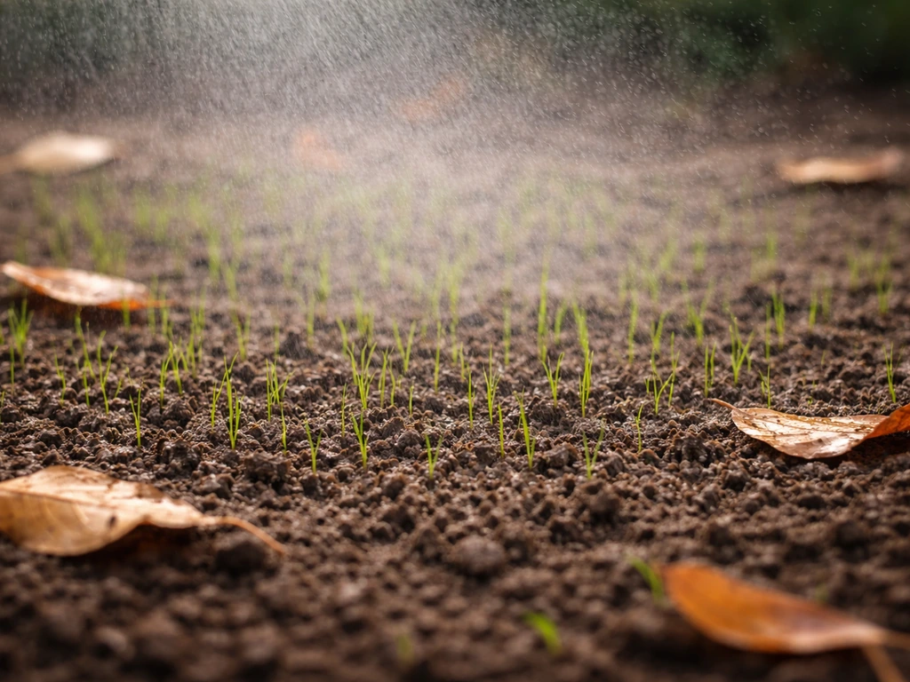 Jeunes pousses d’herbe en automne, terre fraîche et arrosage doux près de feuilles au sol
