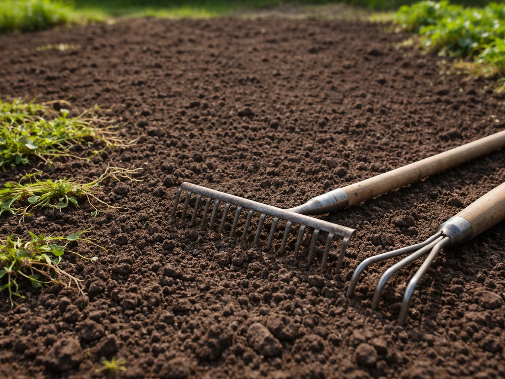 Terre finement ratissée dans un potager, outils visibles, désherbage manuel récent pour préparer le sol à semer.