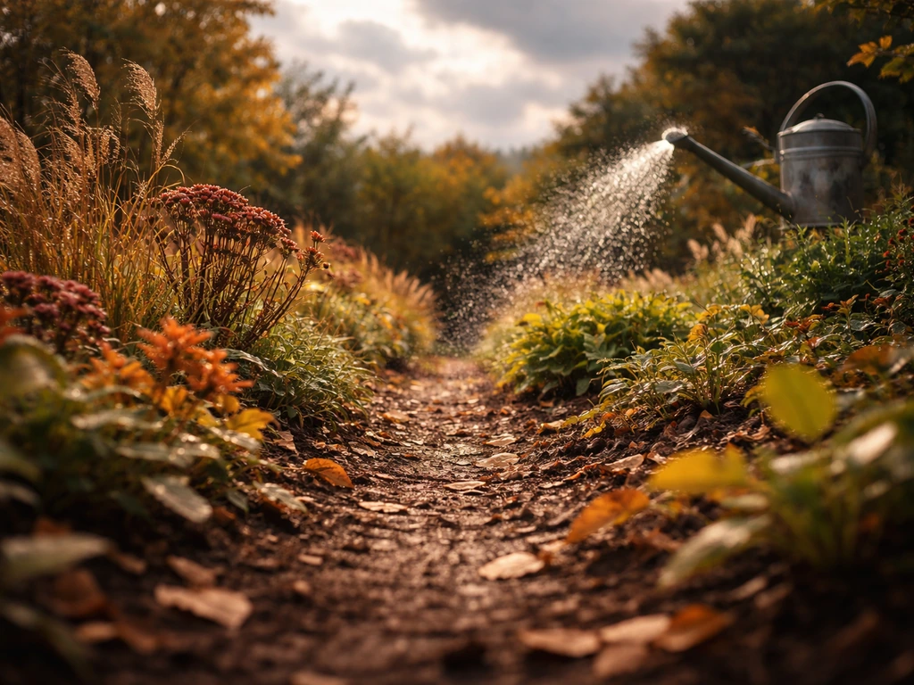 Jardin d’automne avec sol encore chaud, arrosage léger et ciel changeant mi-août à fin octobre.