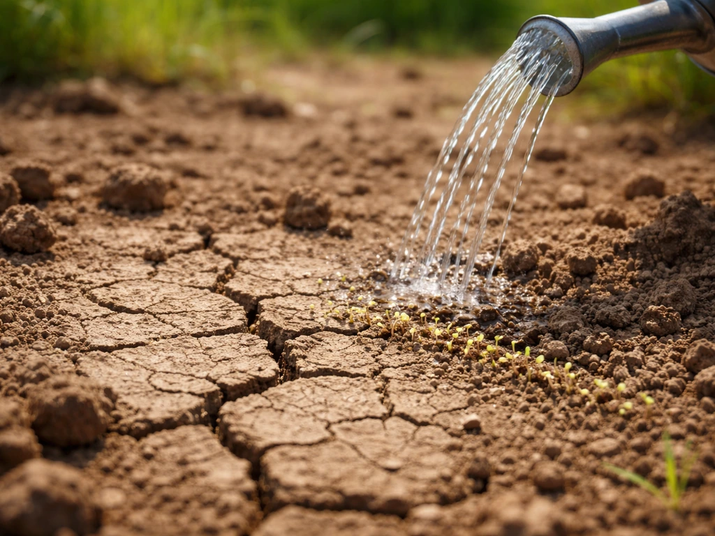 Sol de jardin craquelé en été, semis naissants malgré un arrosage, sous le soleil.