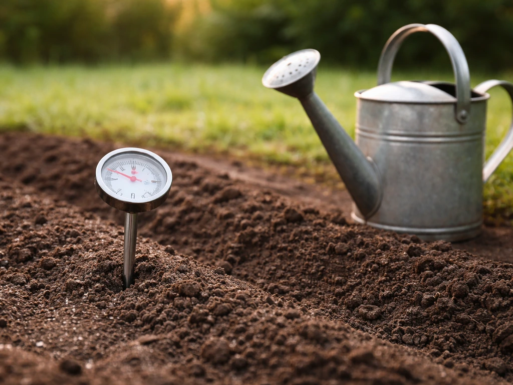 Thermomètre de sol planté à 5 cm et arrosoir prêt sur une terre retournée au jardin.