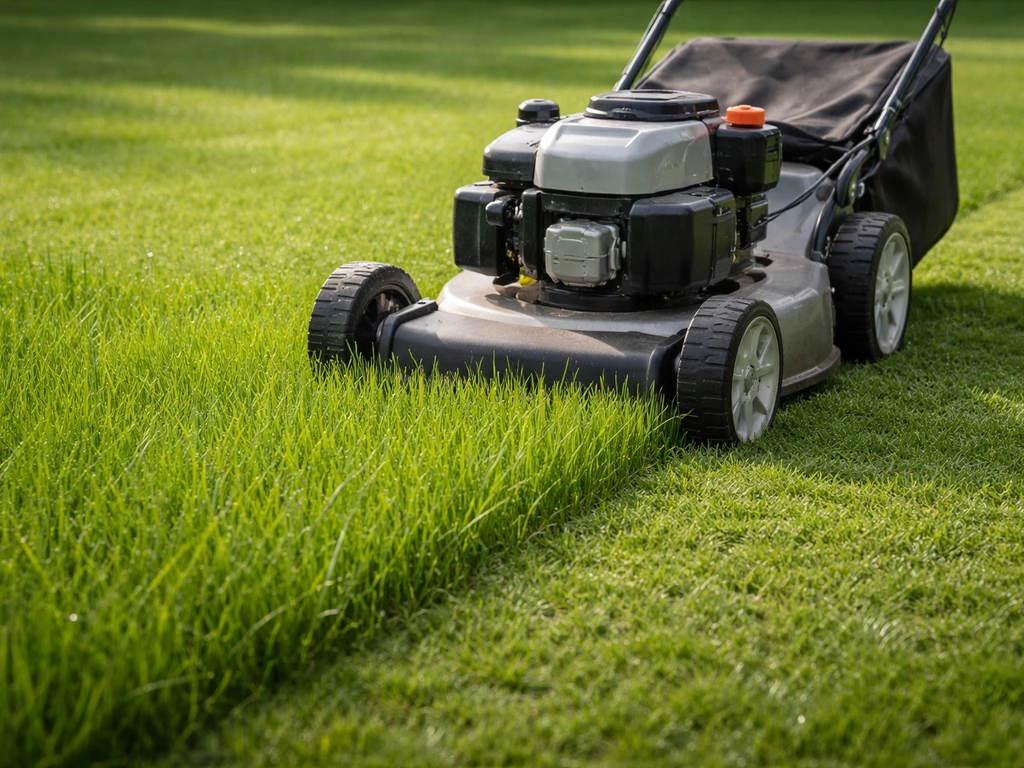 Jeunes brins d’herbe à la première tonte, tondeuse réglée après la levée sur une pelouse.