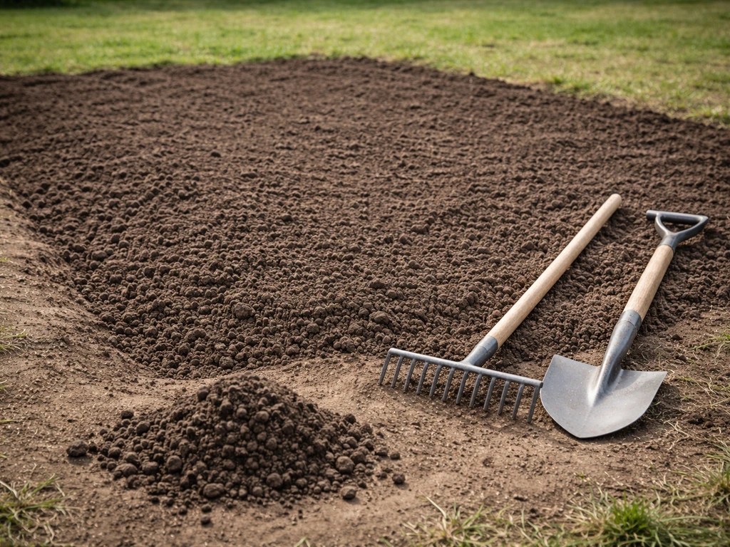 Zone de potager désherbée et terre nivelée, avec râteau et fer à bêcher prêts pour le semis.