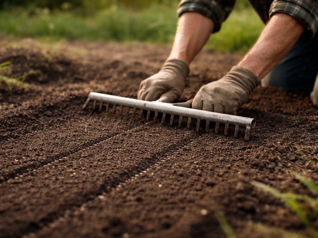 Un jardinier ratisse et tasse légèrement une surface après semis pour assurer le contact graine/sol.