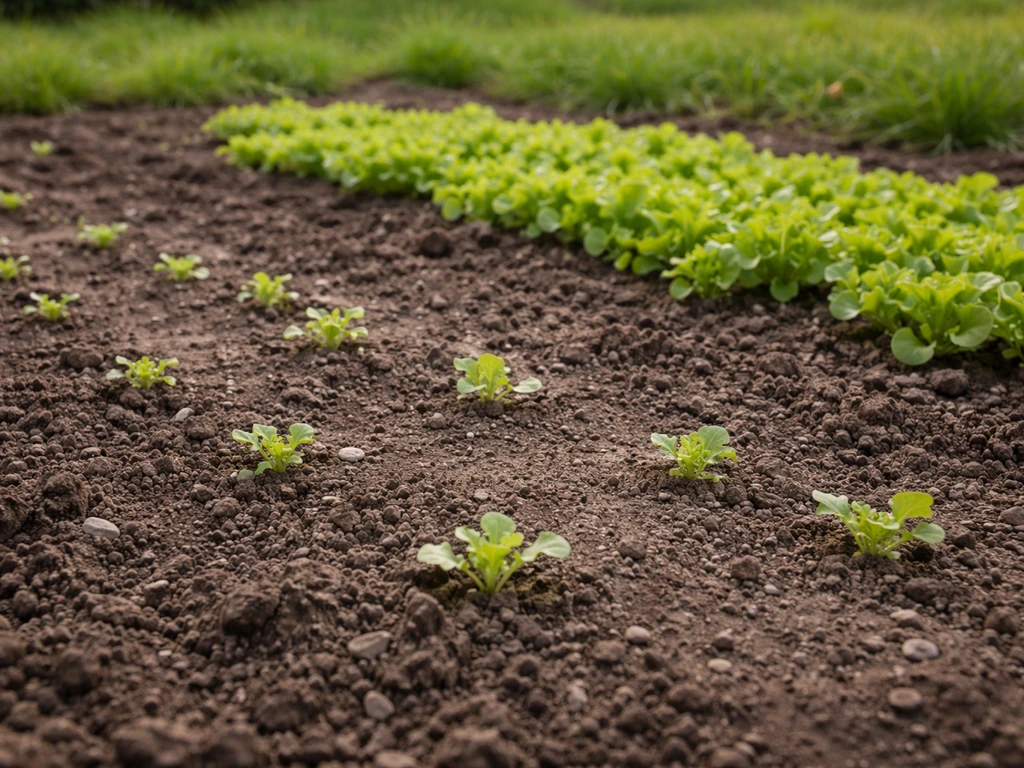 Potager au sol inégal avec zones de graines levées clairsemées et taches plus denses, lumière naturelle.