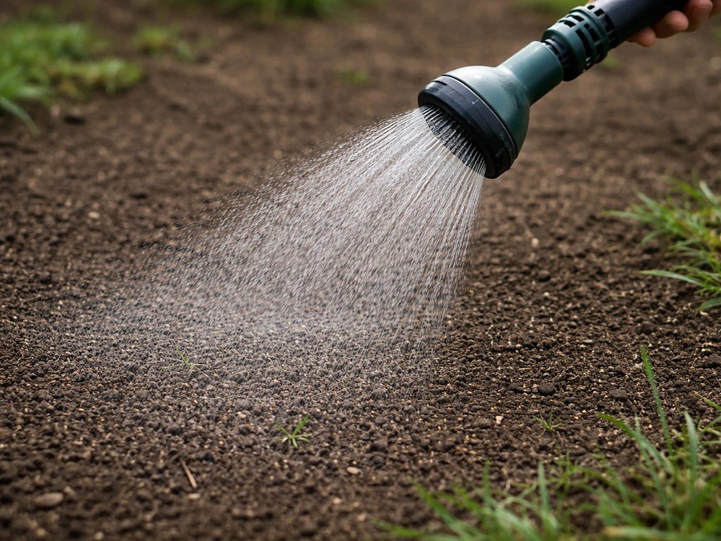 Jet de pluie fine au sol, graines non déplacées, pommeau d’arrosage sur petite surface de jardin.