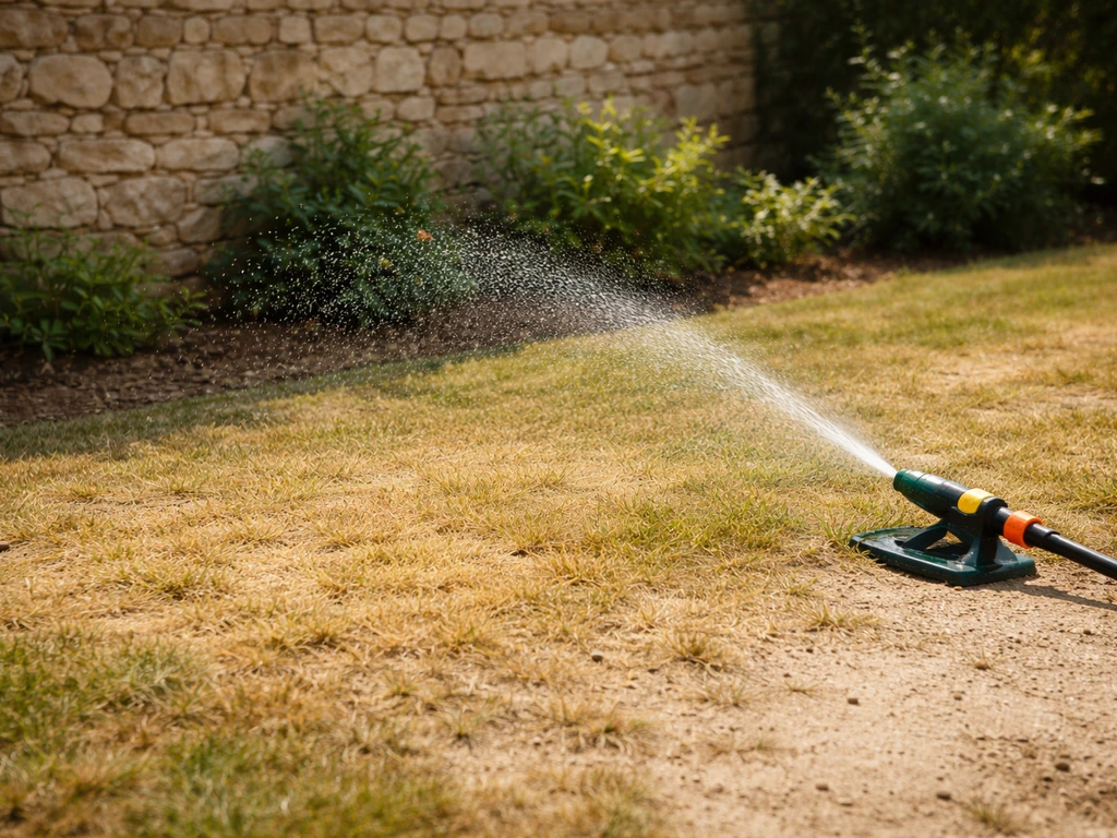 Un jardin avec une zone sèche sur sol sableux, arrosoir arrose en priorité un coin près du mur au soleil.
