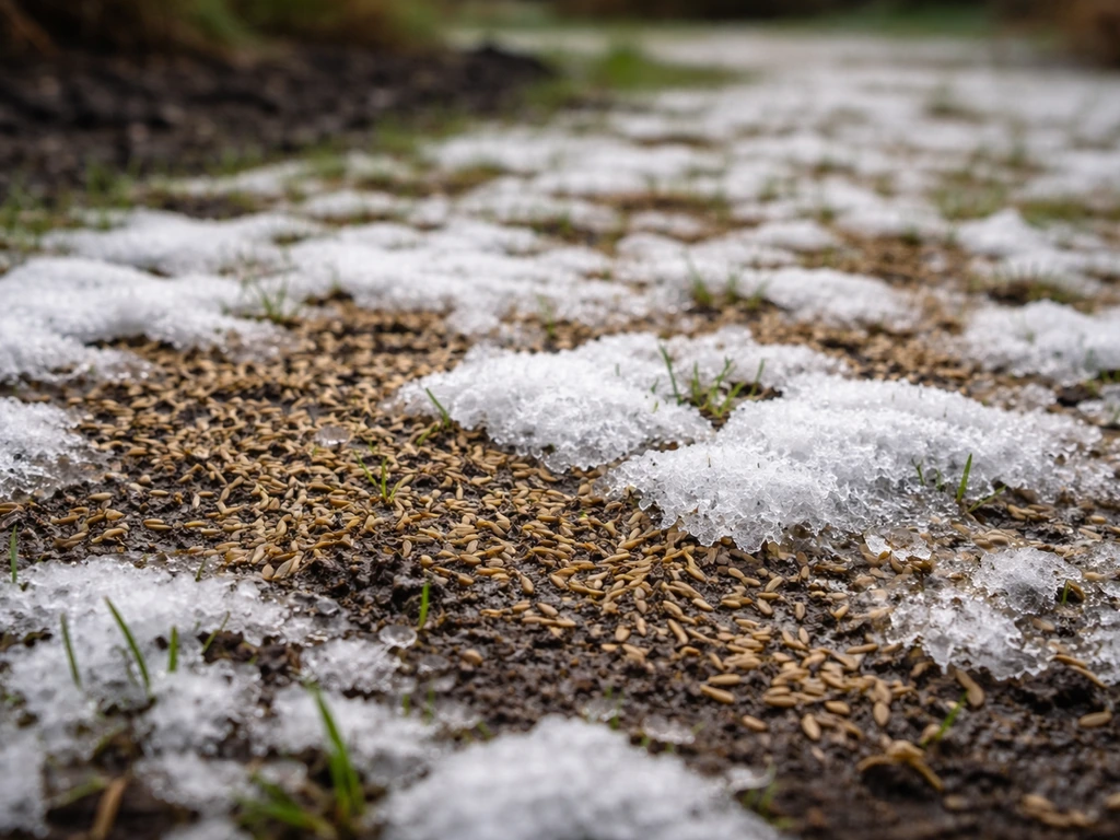 Jeunes semis de gazon recouverts de neige après un redoux, au pied d’un jardin, grains encore visibles.
