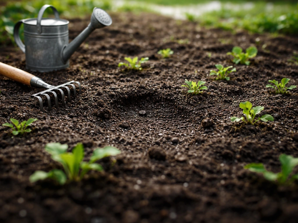 Sol de semis humide juste après la neige, outils de jardin et arrosoir posés au sol pour l’inspection.