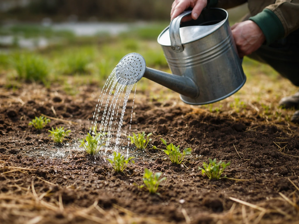 Arrosoir versant doucement de l’eau sur des semis dans un sol humide après la fonte de la neige.