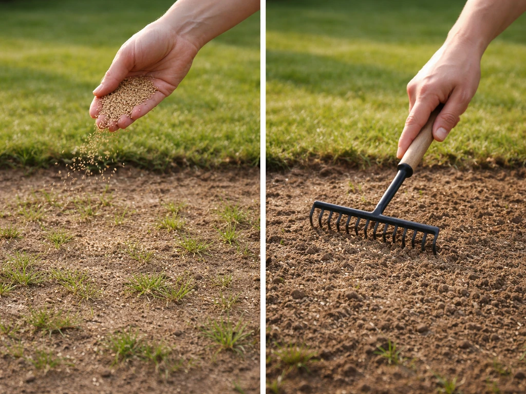 Main sursemant une pelouse avec levée irrégulière, griffage léger pour aider la germination.