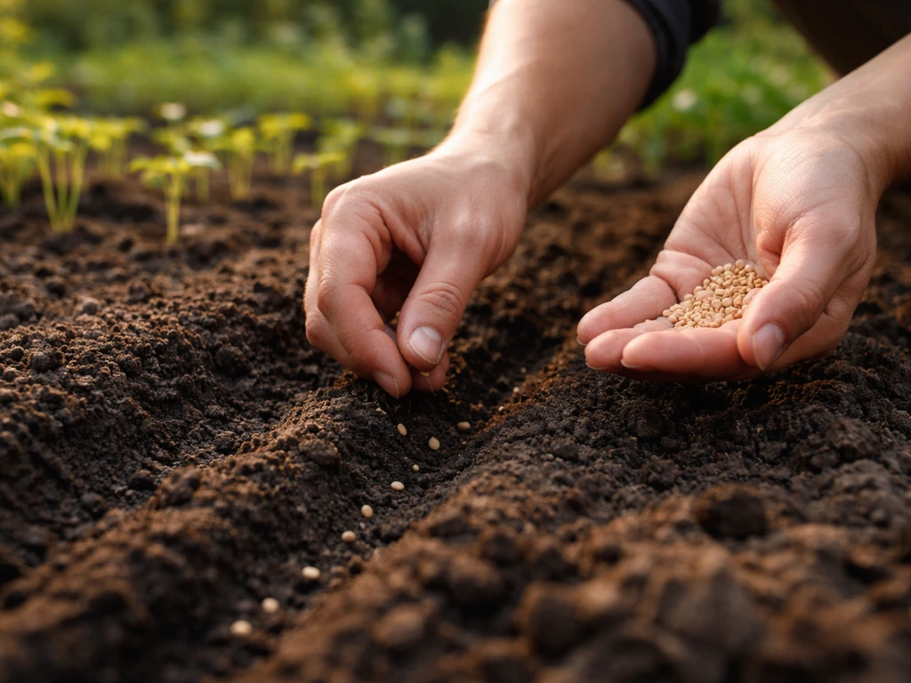 Main déposant des graines dans une terre fraîche, près d’un arrosoir, au jardin au printemps.