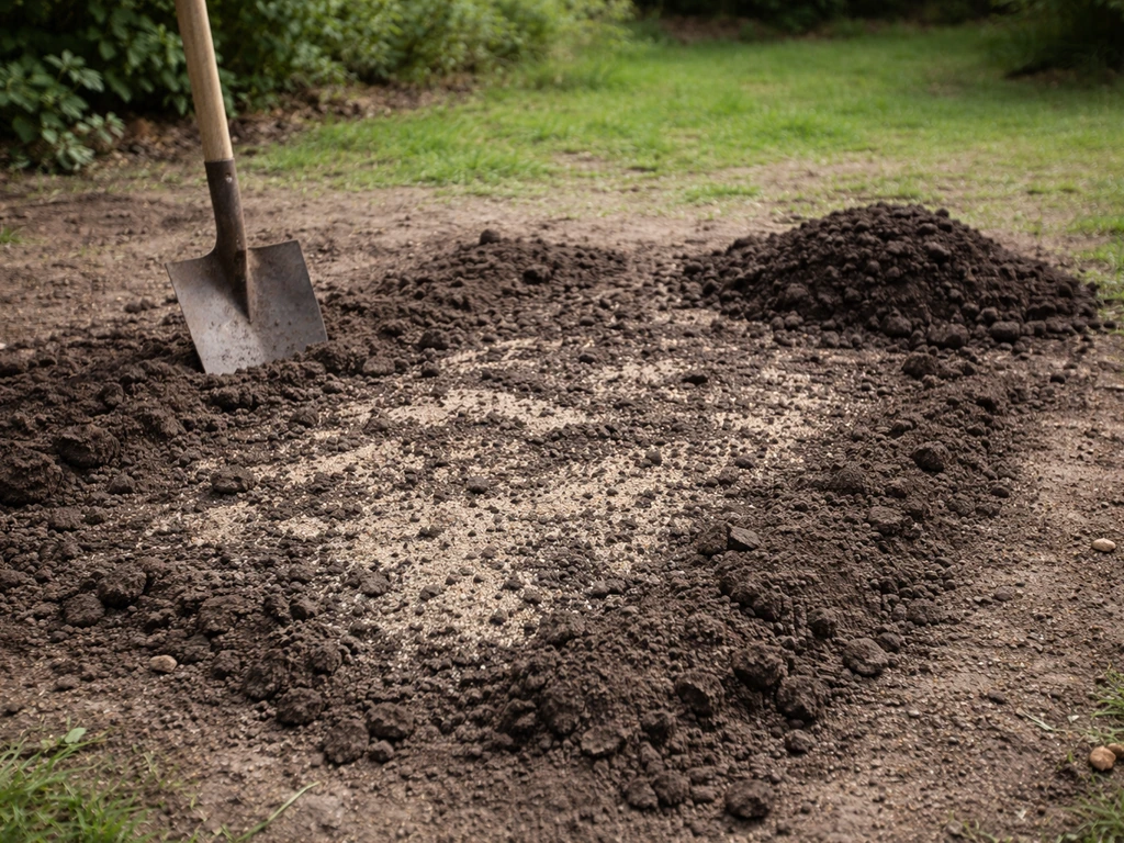Sol argileux amendé : sable grossier et terreau mélangés visibles au niveau d’une zone de jardin.