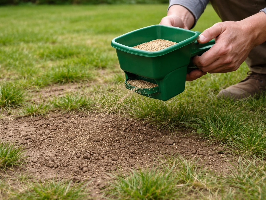 Mains semant des graines de gazon sur une pelouse clairsemée avec zones dénudées, lumière naturelle.