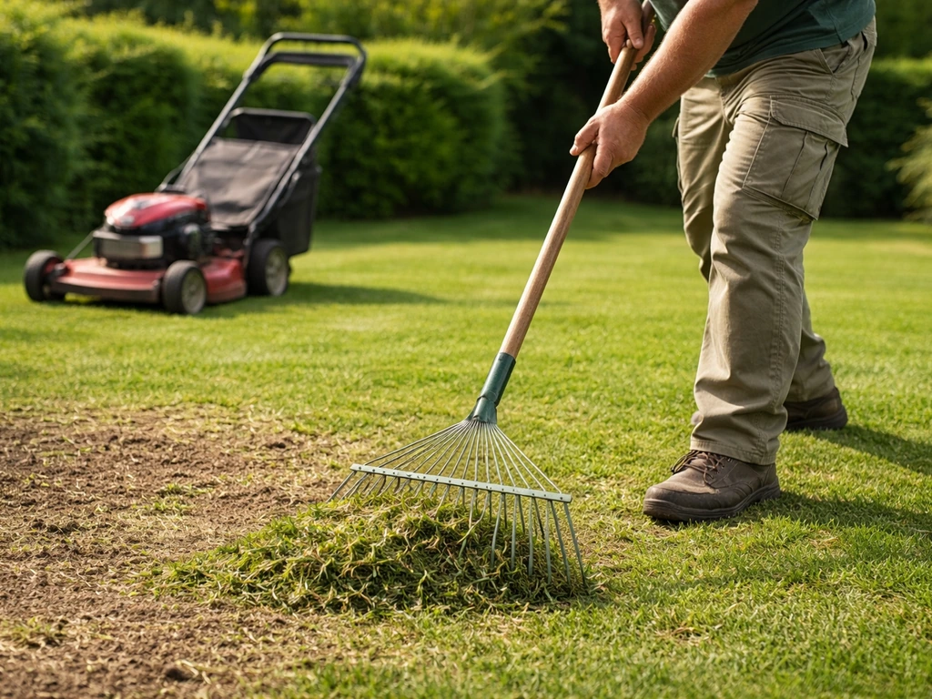 Jardinier anonyme tondant très ras une pelouse puis ramassant les déchets près d’un sol prêt à semer