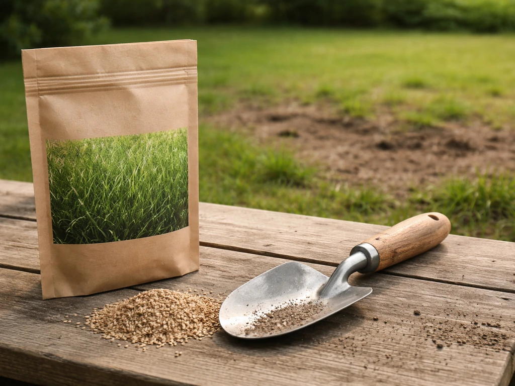 Sachet de semences de gazon et graines sur une surface de jardin, pelouse clairsemée en arrière-plan.
