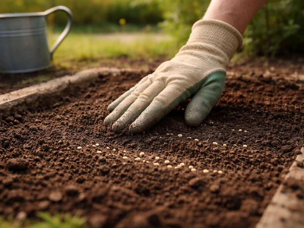 Mains appliquant une fine couche de terreau sur des graines dans un petit jardin, arrosoir à côté.