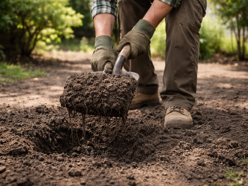 Jardinier jardinant : pelle enfoncée dans une terre compactée, motte dense soulevée et traces d’humidité au sol.