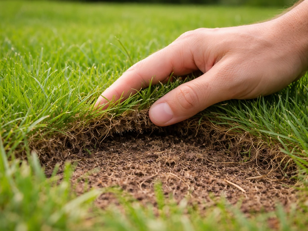 Main qui soulève des brins d’herbe et révèle une couche brune spongieuse de feutrage.