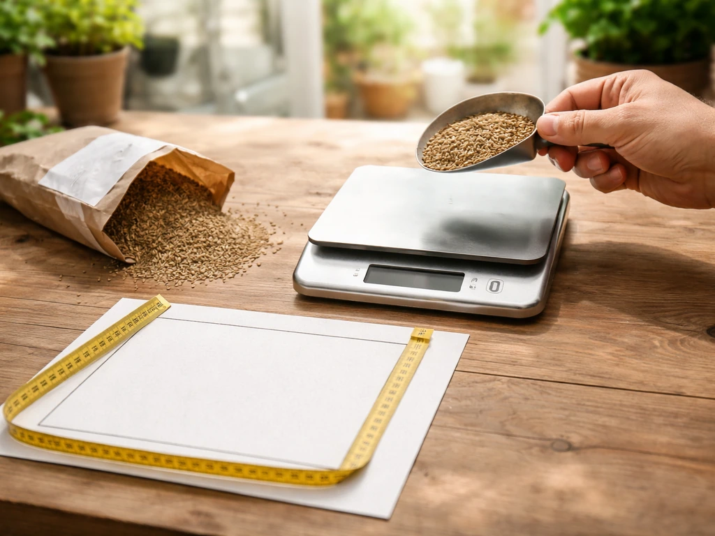 Balance et petite auge avec des graines de gazon, un mètre ruban et une surface à estimer pour le regarnissage.